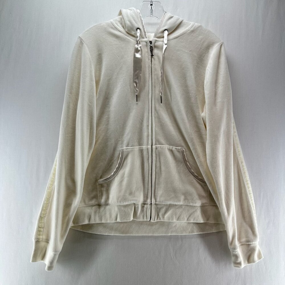 Izod Movement Velour Full-zip Hooded Sweatshirt Women L Stretch Pocket Off White - Picture 1 of 12